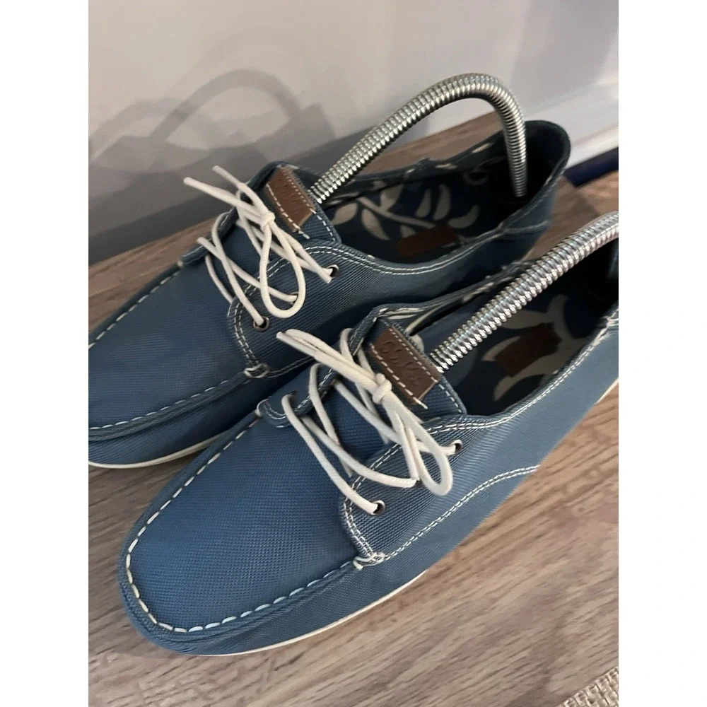 OluKai Women's 9 Heleuma Boat Shoes White Laces Blue Canvas W1